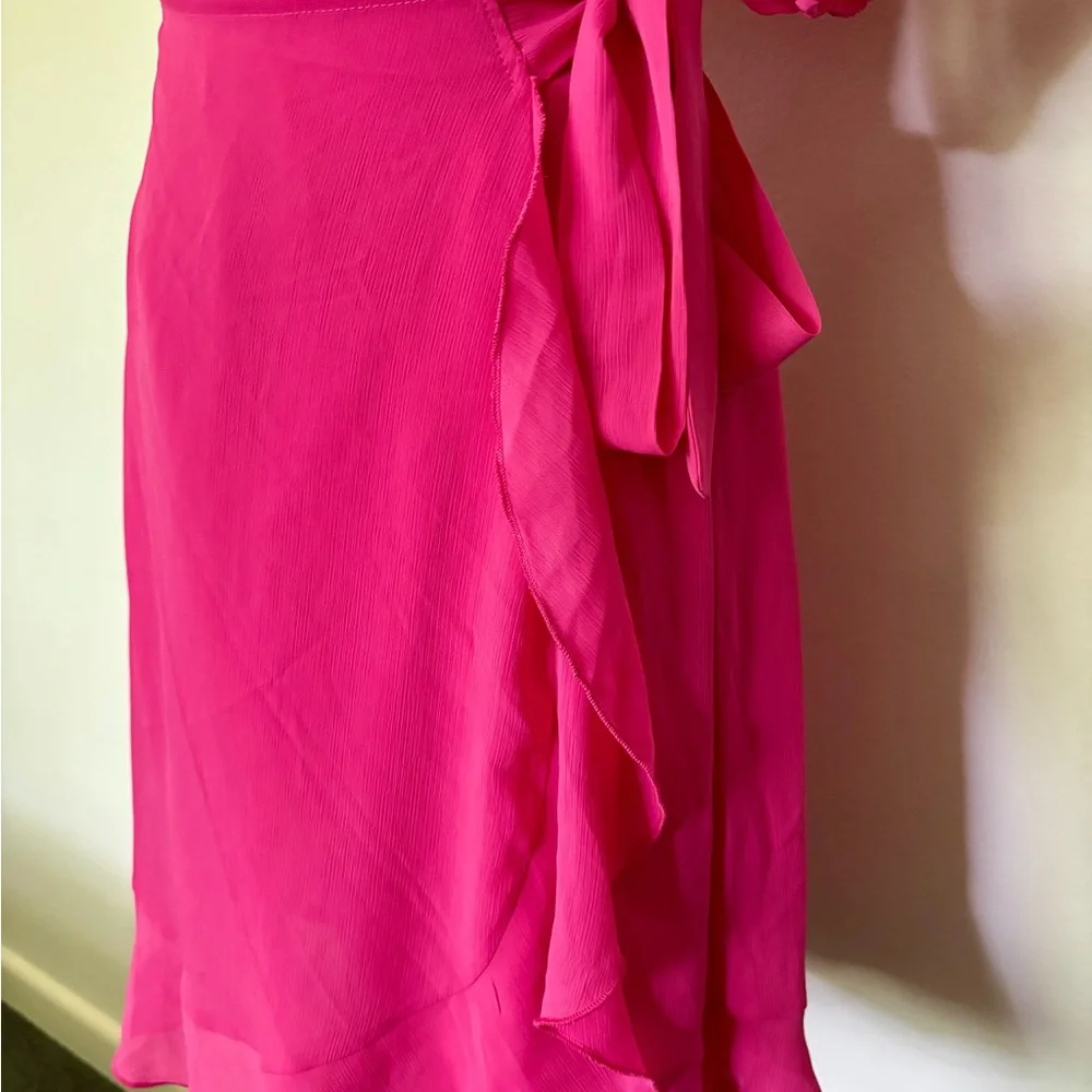 NWOT Kikibell Sz XS Hot Pink Fuchsia Faux Wrap Mini Dress w Bell Puff Sleeves - Picture 5 of 12